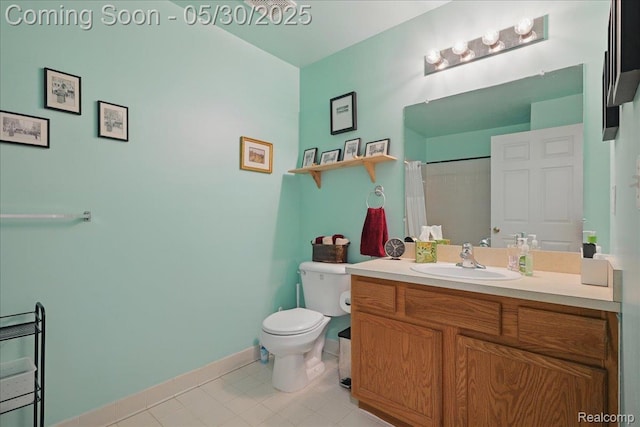 16490 Norfolk Dr, Macomb, MI 48044 - bathroom with toilet, vanity, tile patterned floors, baseboards, and curtained shower