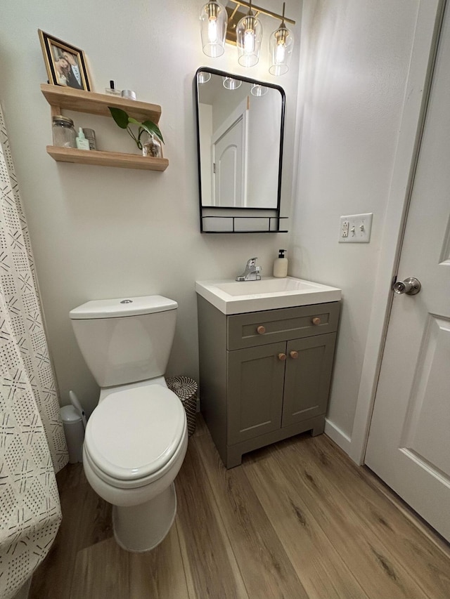 1335 N Sherman Rd, Ludington, MI 49431 - bathroom featuring wood finished floors, toilet, vanity, and baseboards
