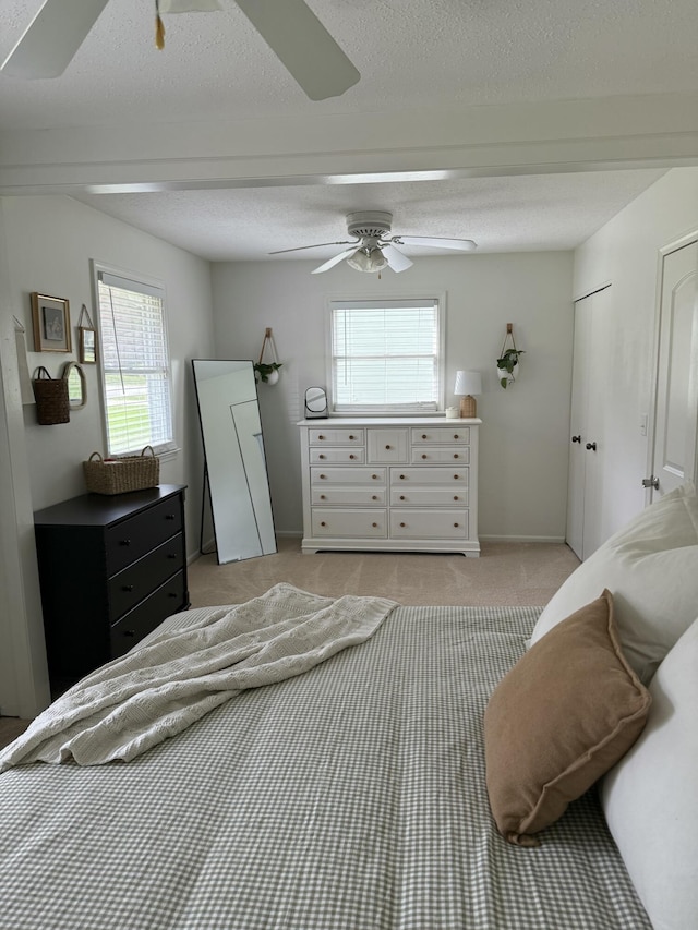 1335 N Sherman Rd, Ludington, MI 49431 - bedroom featuring multiple windows, light carpet, a textured ceiling, ceiling fan, and baseboards