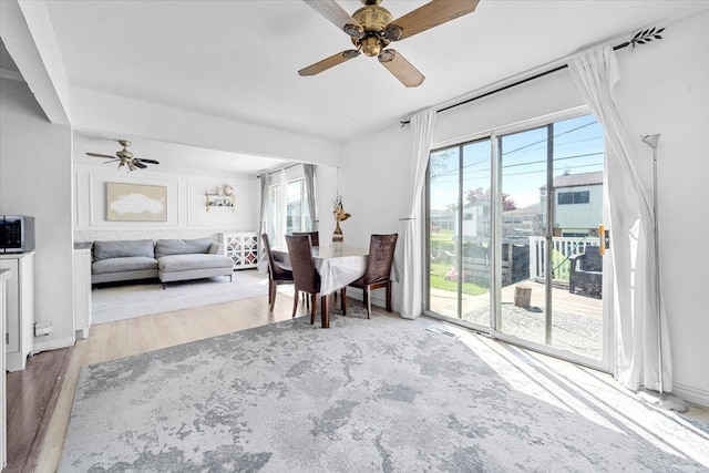 dining room featuring ceiling fan and wood finished floors