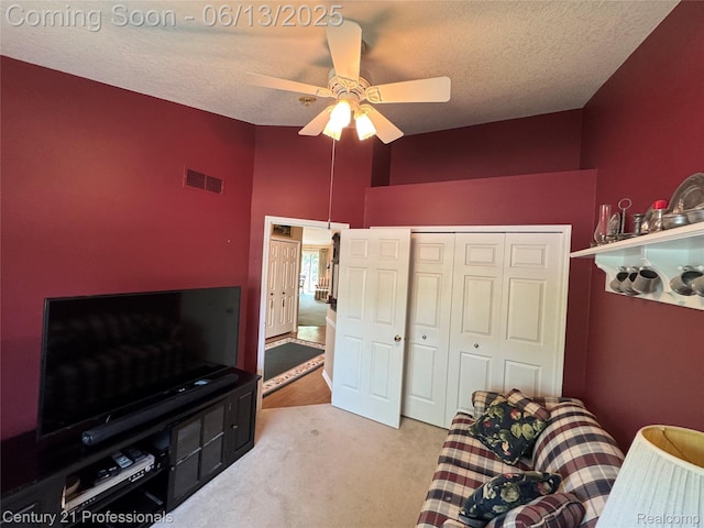 4522 Willow View Ct, Howell, MI 48843 - living area featuring light colored carpet, high vaulted ceiling, a textured ceiling, and ceiling fan