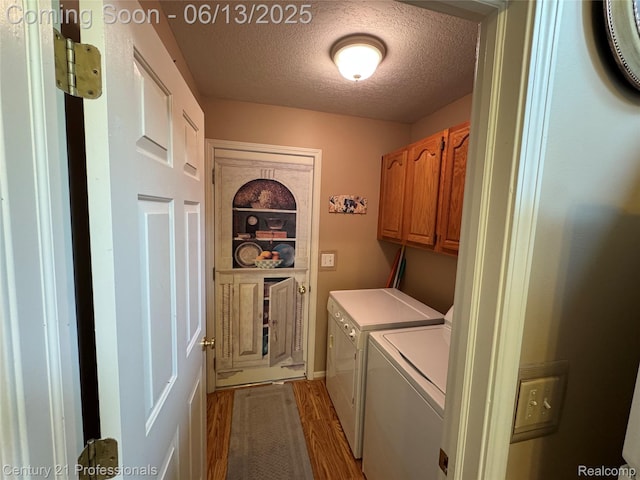 4522 Willow View Ct, Howell, MI 48843 - laundry area with cabinet space, washer and clothes dryer, wood finished floors, and a textured ceiling