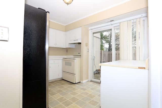 kitchen featuring white range with electric stovetop, under cabinet range hood, ornamental molding, light countertops, and white cabinets