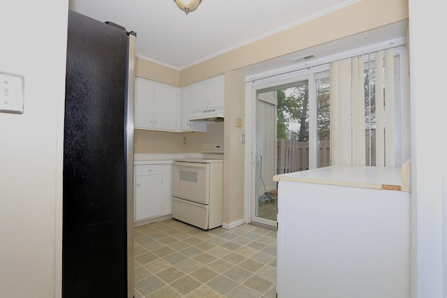 kitchen with electric range, under cabinet range hood, crown molding, light countertops, and white cabinetry