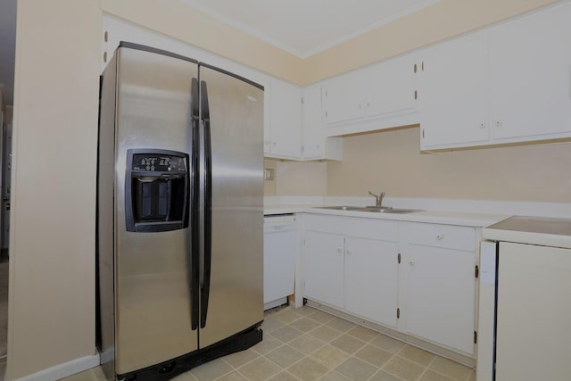 kitchen with stainless steel fridge with ice dispenser, dishwasher, a sink, white cabinets, and light countertops