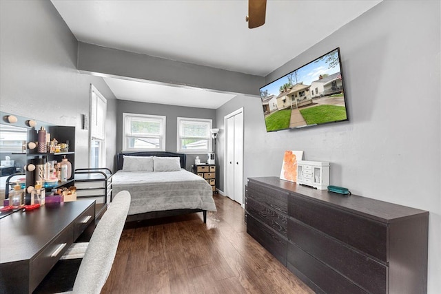 bedroom featuring dark wood-type flooring, a closet, and a ceiling fan