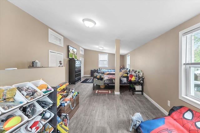 bedroom with wood finished floors, baseboards, and multiple windows