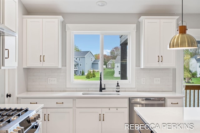 kitchen with a sink, stainless steel dishwasher, white cabinetry, and tasteful backsplash