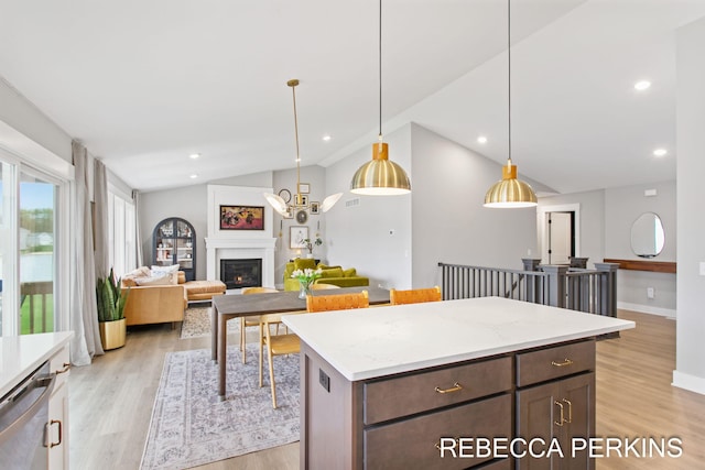 kitchen with vaulted ceiling, light wood-style floors, dishwasher, open floor plan, and dark brown cabinetry