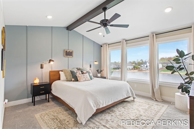 bedroom with light colored carpet, a water view, baseboards, ceiling fan, and recessed lighting
