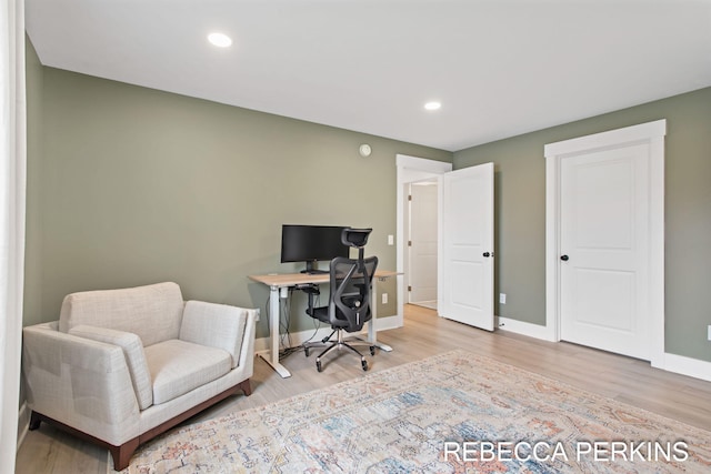 home office with wood finished floors, baseboards, and recessed lighting