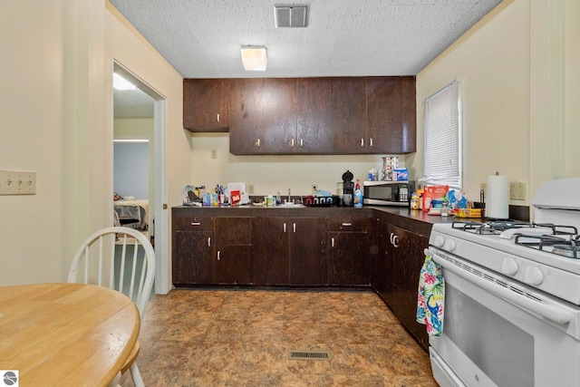 110 W 4th St, Kalkaska, MI 49646 - kitchen featuring white range with gas cooktop, stainless steel microwave, dark countertops, and dark brown cabinets