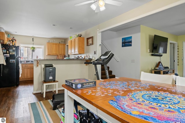 110 W 4th St, Kalkaska, MI 49646 - dining room with dark wood finished floors and ceiling fan
