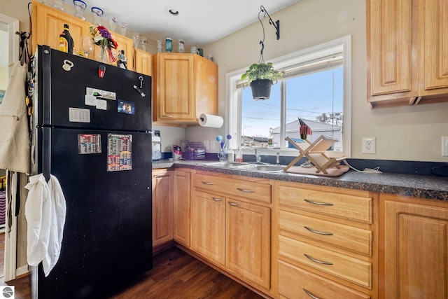 110 W 4th St, Kalkaska, MI 49646 - kitchen featuring freestanding refrigerator, a sink, dark countertops, dark wood finished floors, and light brown cabinetry