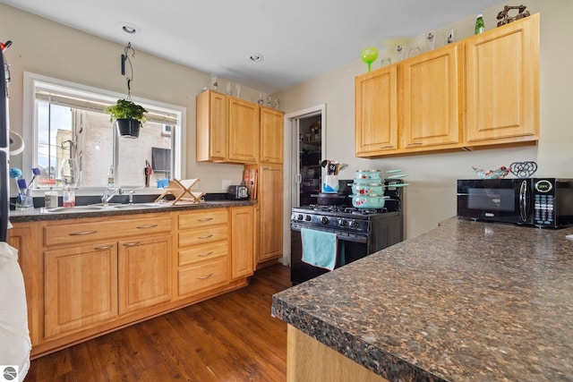 110 W 4th St, Kalkaska, MI 49646 - kitchen featuring black appliances, a sink, dark countertops, and light brown cabinets