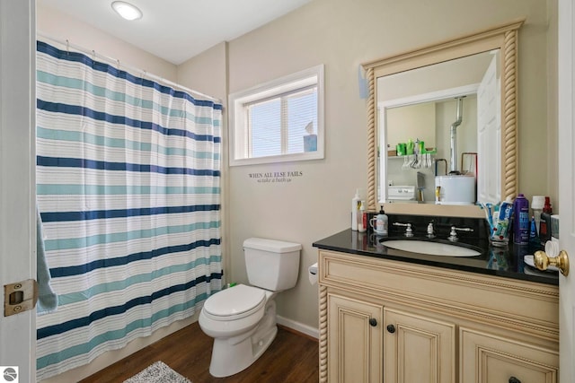 110 W 4th St, Kalkaska, MI 49646 - bathroom with wood finished floors, toilet, vanity, a shower with curtain, and baseboards