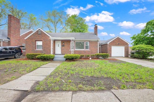 839 E Hayes Ave, Hazel Park, MI 48030 - view of front of house featuring brick siding, a garage, driveway, a chimney, and a front yard