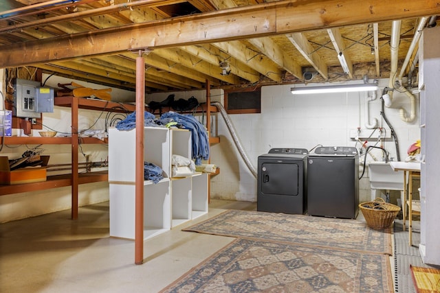 unfinished below grade area featuring washer and clothes dryer and electric panel