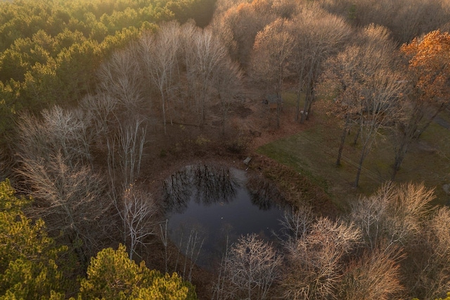 drone / aerial view of a nearby body of water and a heavily wooded area