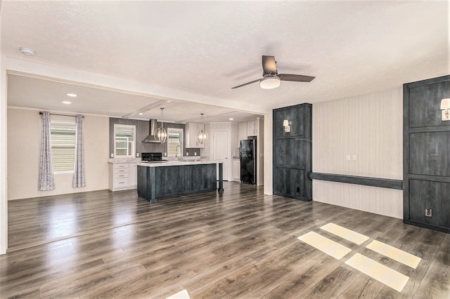 13780 Alaska Ave, Eagle, MI 48822 - unfurnished living room with dark wood-style floors, a ceiling fan, a sink, and a textured ceiling