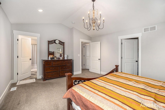 6526 Alward Dr, Hudsonville, MI 49426 - bedroom with baseboards, light colored carpet, a chandelier, and lofted ceiling