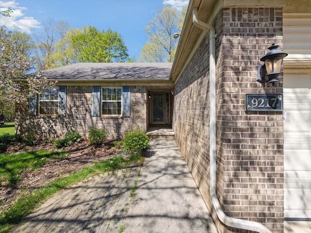 view of exterior entry featuring brick siding and roof with shingles