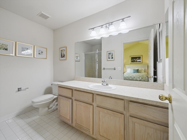 bathroom with ensuite bath, a stall shower, tile patterned floors, vanity, and toilet