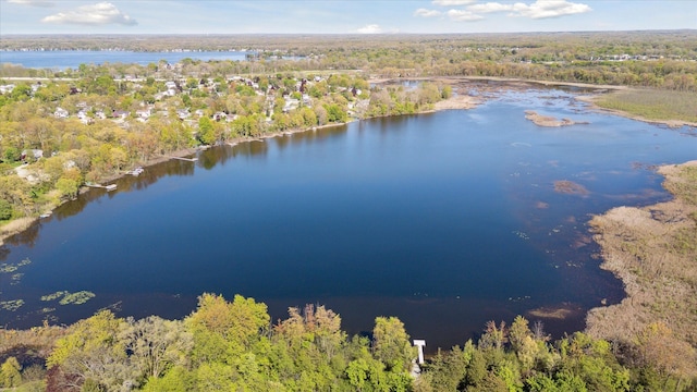 drone / aerial view of a heavily wooded area and a nearby body of water