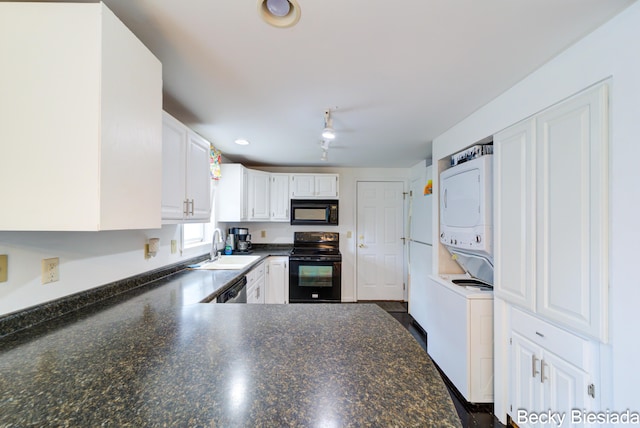 823 Warner St, Whitehall, MI 49461 - kitchen featuring black appliances, stacked washer / drying machine, a sink, white cabinets, and recessed lighting