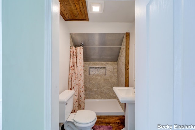 823 Warner St, Whitehall, MI 49461 - full bathroom with a tile shower, toilet, and wood finished floors