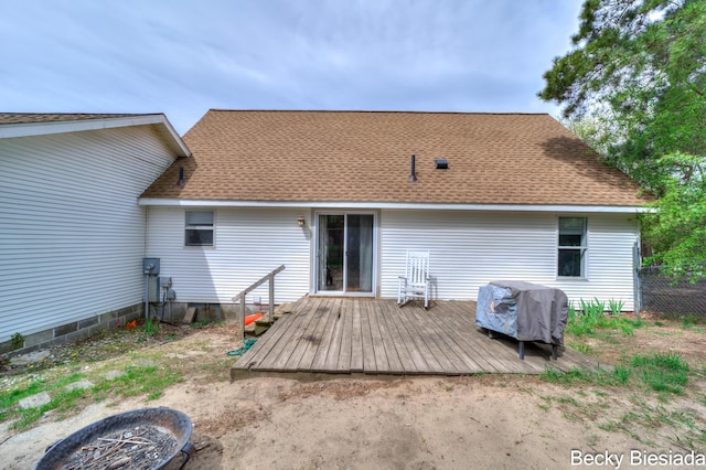 823 Warner St, Whitehall, MI 49461 - rear view of property featuring a wooden deck, roof with shingles, and fence