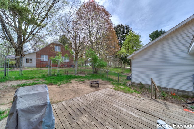823 Warner St, Whitehall, MI 49461 - wooden deck featuring a fire pit, fence, and a gate