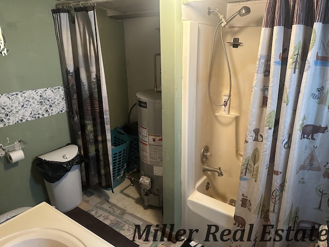 7755 Woodland Rd, Lake Odessa, MI 48849 - bathroom with gas water heater, shower / tub combo with curtain, and tile patterned floors