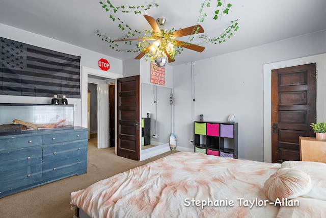 bedroom with carpet flooring and a ceiling fan