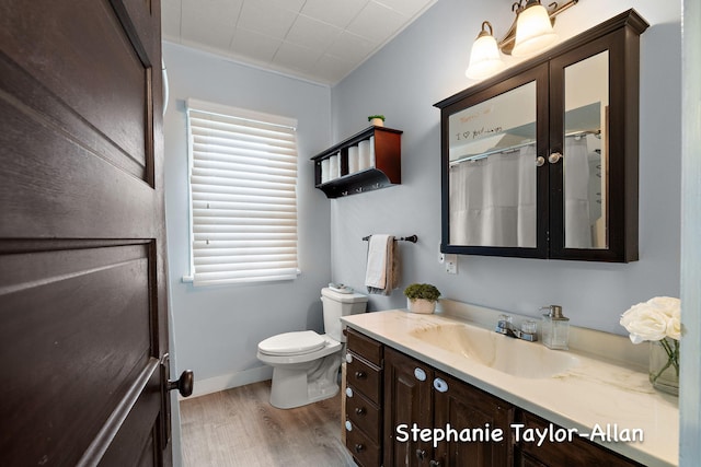 bathroom featuring wood finished floors, toilet, vanity, and baseboards