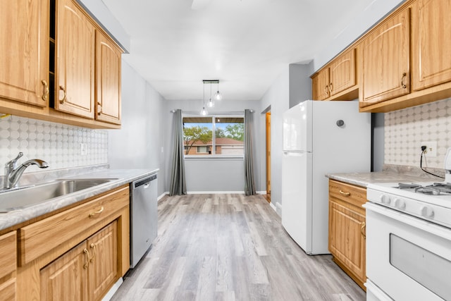 24719 Audrey Ave, Warren, MI 48091 - kitchen featuring white appliances, a sink, tasteful backsplash, light wood-type flooring, and light countertops