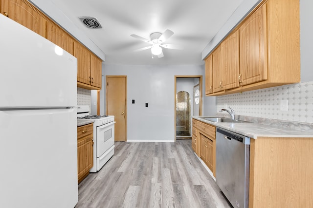 24719 Audrey Ave, Warren, MI 48091 - kitchen featuring white appliances, a sink, a ceiling fan, light wood-type flooring, and backsplash