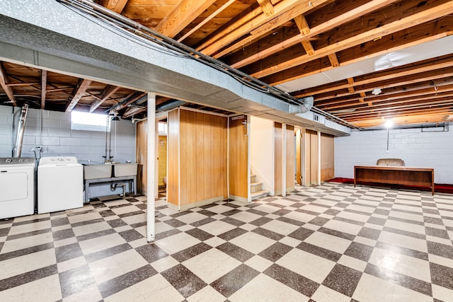 24719 Audrey Ave, Warren, MI 48091 - basement with tile patterned floors, stairway, and independent washer and dryer