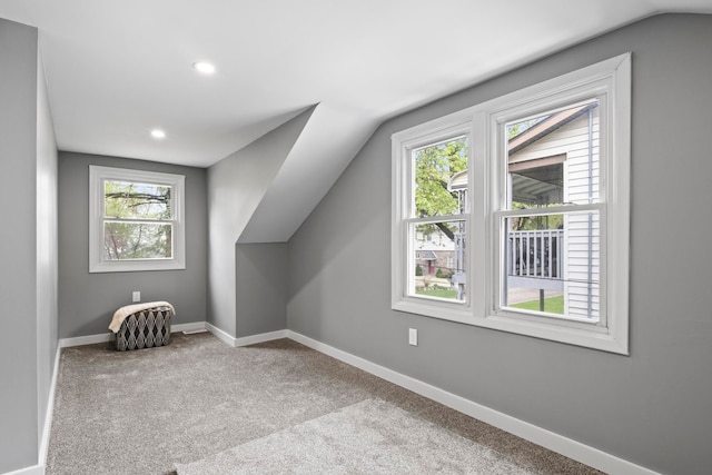 bonus room with carpet flooring, baseboards, vaulted ceiling, and recessed lighting