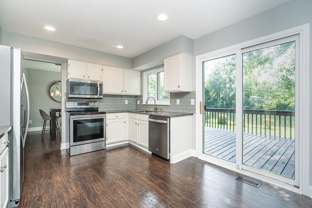 318 Arlington Dr, Rochester Hills, MI 48307 - kitchen featuring appliances with stainless steel finishes, tasteful backsplash, white cabinetry, dark wood-style flooring, and recessed lighting