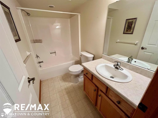 full bath featuring toilet, vanity, shower / tub combination, and tile patterned flooring