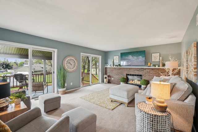 4630 Pasture Ln, White Lake, MI 48383 - carpeted living room featuring a brick fireplace and baseboards