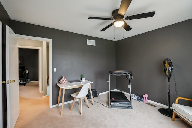 4630 Pasture Ln, White Lake, MI 48383 - exercise area featuring ceiling fan, light colored carpet, and baseboards