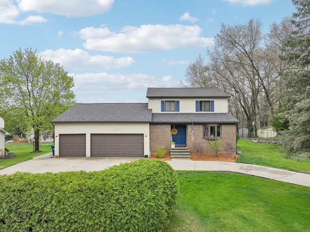 4630 Pasture Ln, White Lake, MI 48383 - traditional-style house featuring an attached garage, a front yard, driveway, brick siding, and a shingled roof
