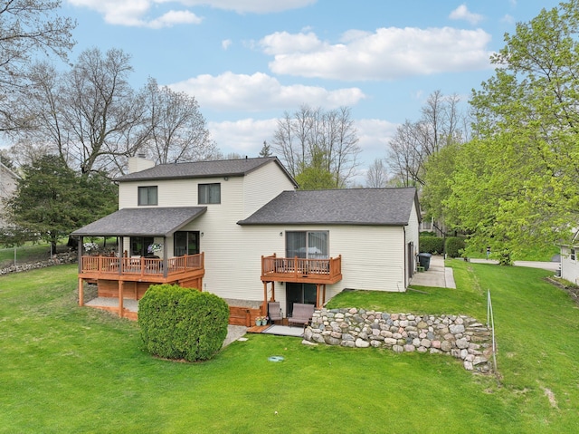 4630 Pasture Ln, White Lake, MI 48383 - back of house featuring a wooden deck, a chimney, a yard, and a shingled roof