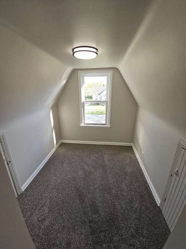 additional living space featuring vaulted ceiling, carpet flooring, and baseboards