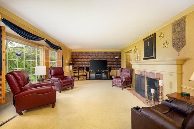 living area featuring ornamental molding, a fireplace with flush hearth, and carpet flooring