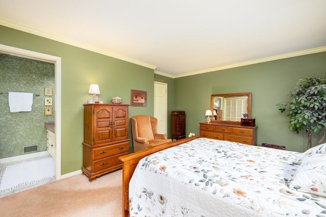 bedroom featuring ornamental molding, light colored carpet, baseboards, and a closet