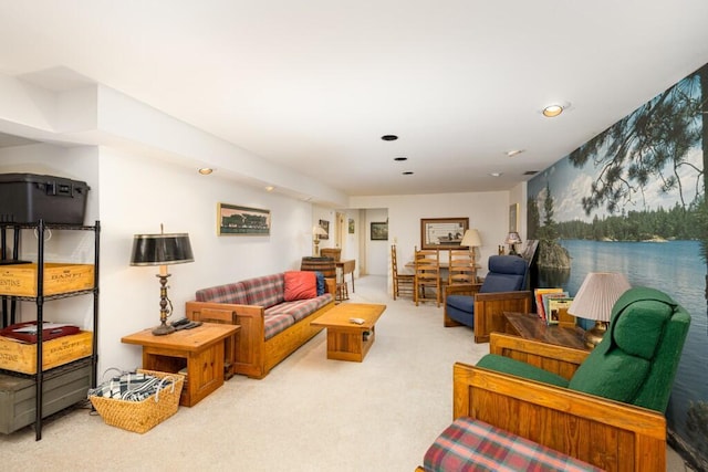 living room with carpet flooring and recessed lighting
