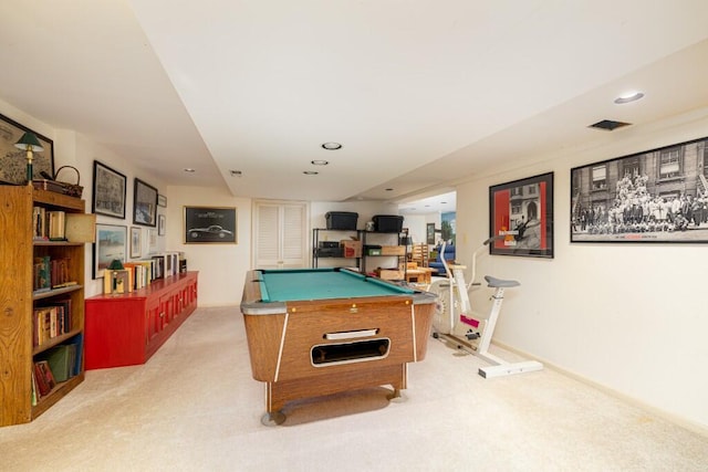 game room with carpet, billiards table, and recessed lighting